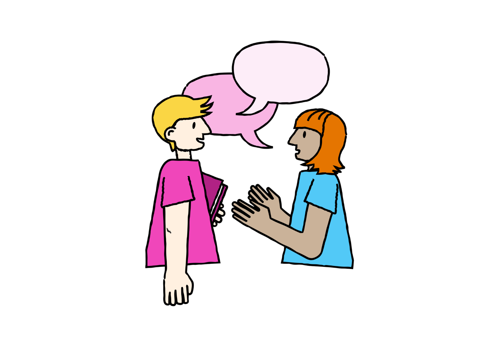 illustration of a boy and girl facing each other with speech bubble to symbolise a discussion 