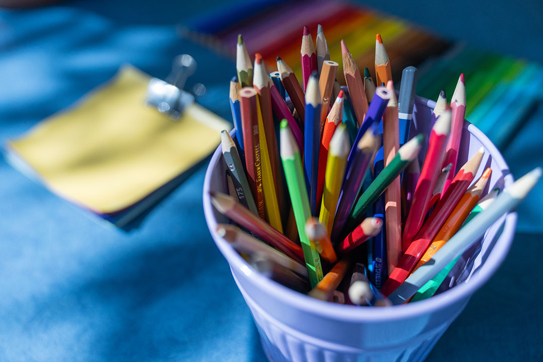 Colouring pencils in a pencil holder